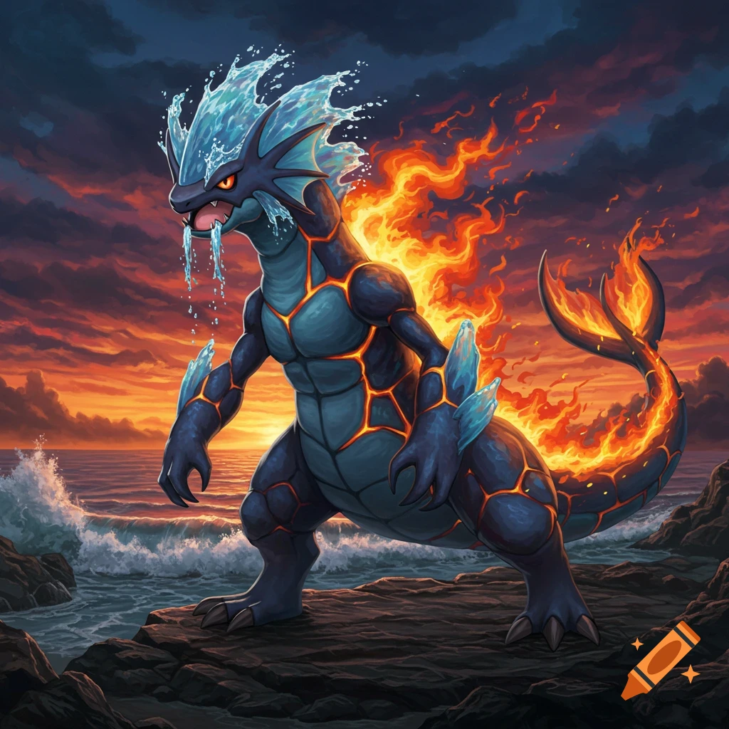 A stylized dark blue bipedal creature with glowing orange cracks, water features, and fire on its back and tail stands on rocks by a stormy ocean at sunset.