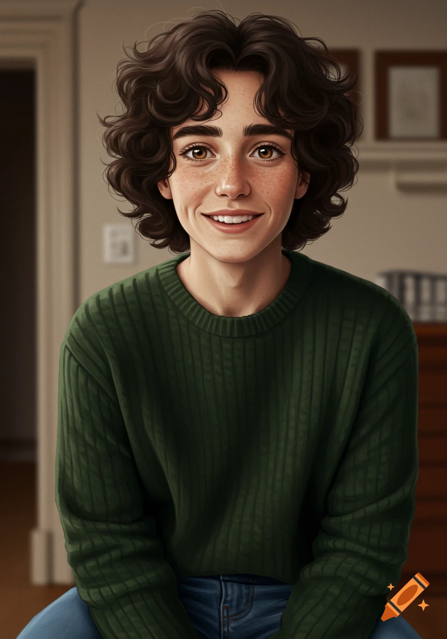 A friendly person with curly dark hair, freckles, and a green sweater smiles at the viewer in a realistic portrait.
