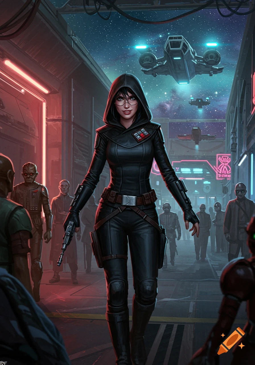 A female smuggler in a black hooded suit and glasses holds a blaster in a neon-lit futuristic alley with spaceships flying overhead.