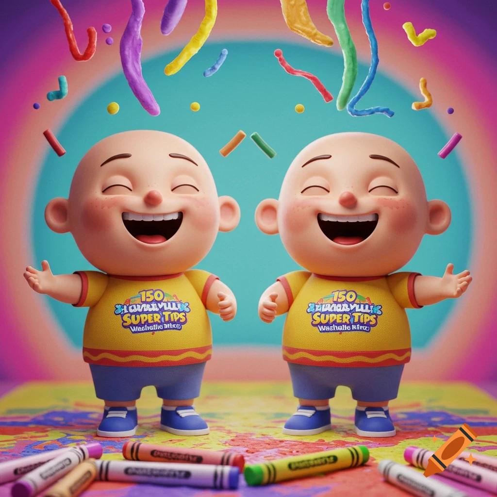 Two smiling bald cartoon boys with outstretched arms wear yellow shirts, surrounded by colorful confetti and crayons.