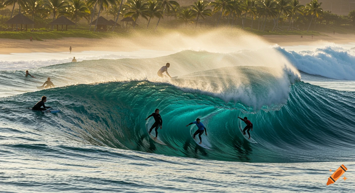 Multiple surfers ride a large teal wave at a tropical beach with palm trees, backlit by golden hour sunlight, photorealistic.