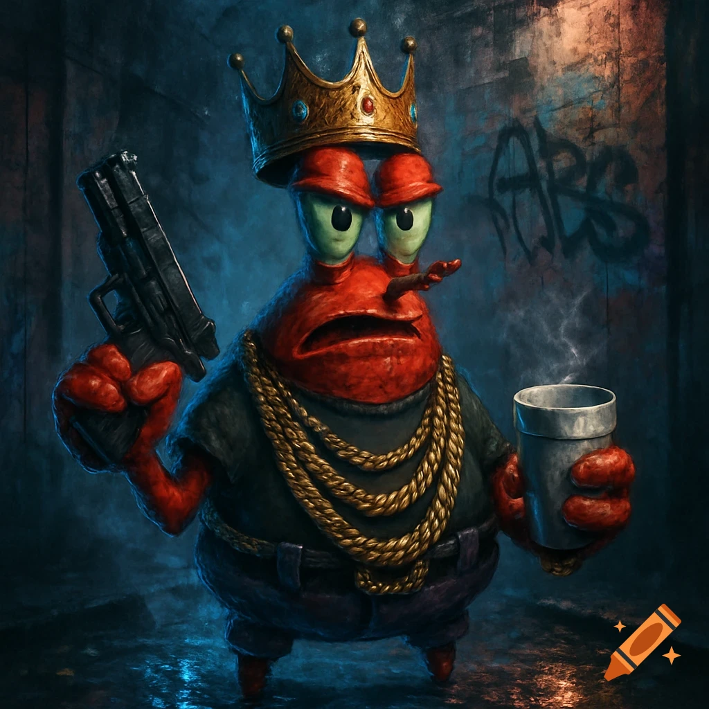Stylized Mr. Krabs from Spongebob Squarepants as a trap king, wearing a crown and gold chains, holding a gun and a double cup in a dark alley with graffiti.