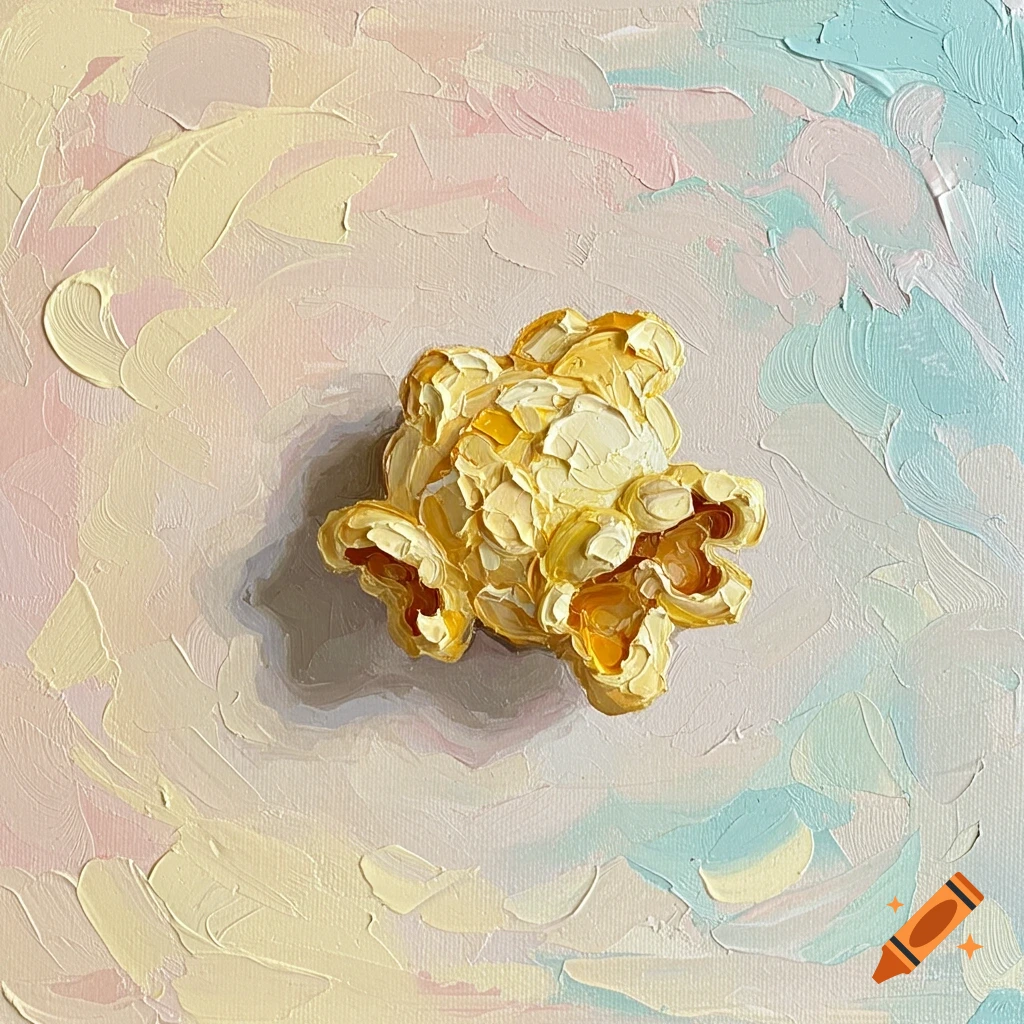 A single piece of popcorn rendered in a post-impressionistic oil painting style with thick impasto, against a pastel swirled background.