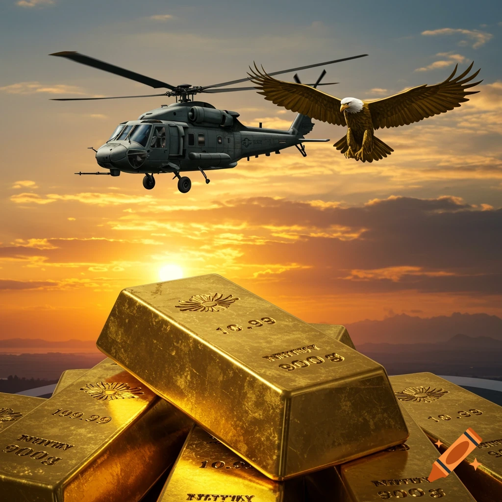 A military helicopter and a bald eagle fly above a pile of glistening gold bars against a dramatic sunset sky.