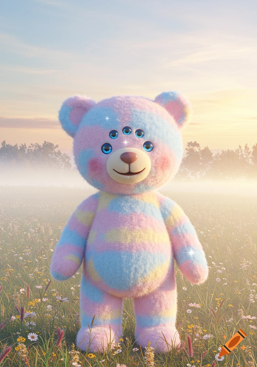 A fluffy pastel teddy bear with six blue eyes stands in a wildflower field with a misty, sunny background.