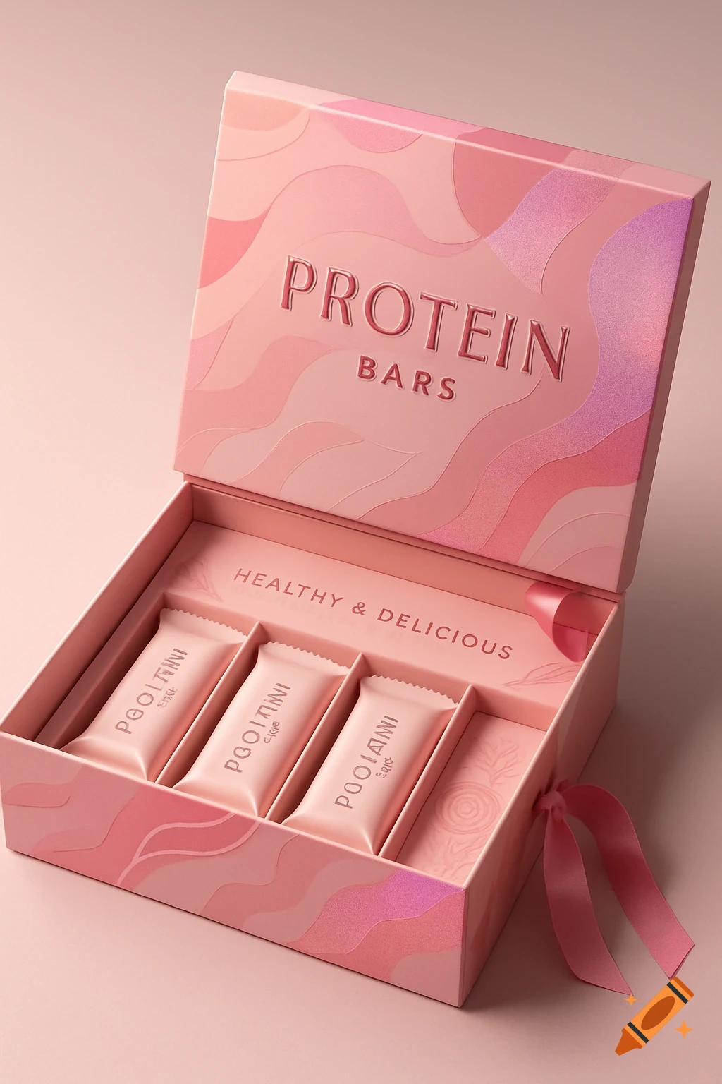 An open pink luxury box containing pink protein bars, with 'PROTEIN BARS' text on the lid and a pink ribbon.
