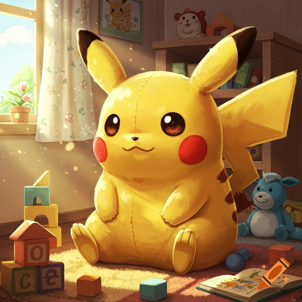 Large, cute Pikachu plush on a rug in a child's room with building blocks and a book, bright illustrative style.