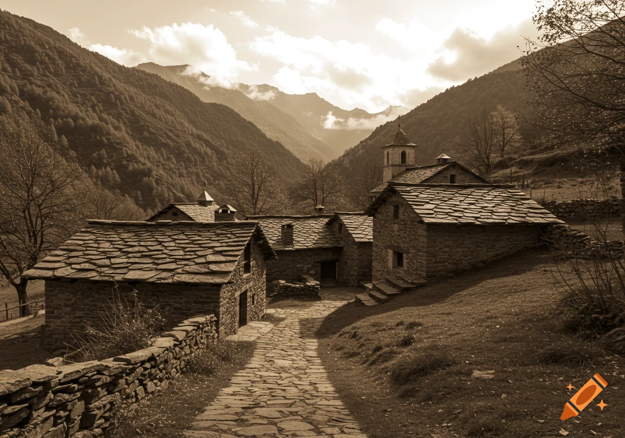 Sepia-toned photograph of a quaint stone village nestled in a mountain valley, with a cobblestone path winding through the houses.