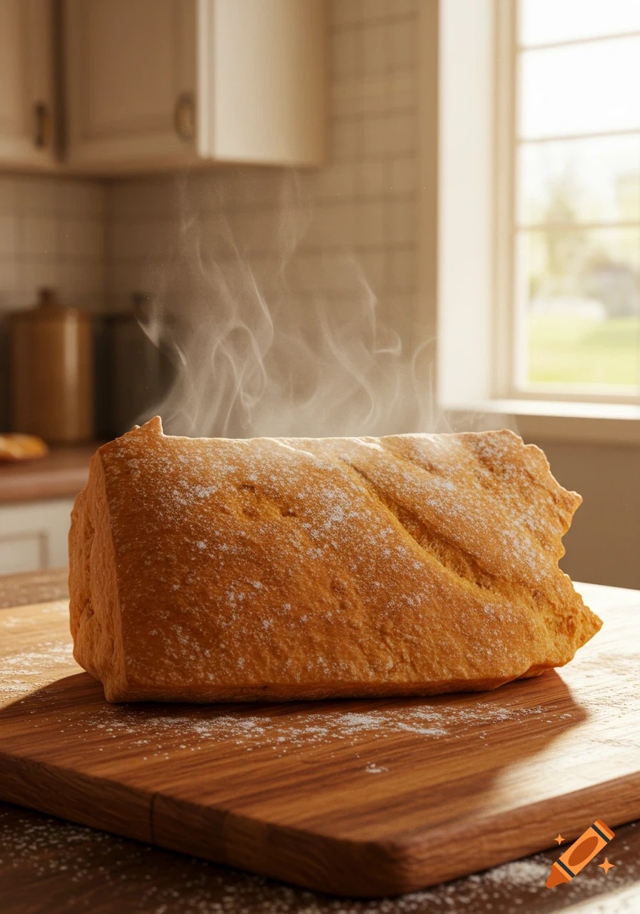 A rustic loaf of bread, steaming and dusted with flour, sits on a wooden cutting board in a sunlit kitchen.