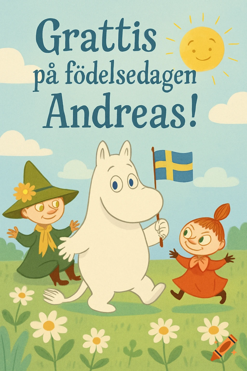 Moomintroll, Snufkin, and Little My walk across a grassy field under a sunny sky, with 'Happy Birthday Andreas!' text.