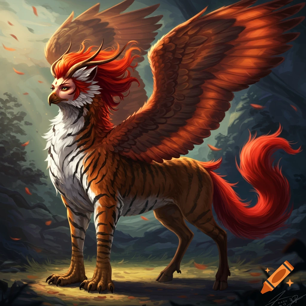 A majestic griffin with a woman's face, red hair, tiger body, deer hind legs, and large wings stands in a forest clearing.