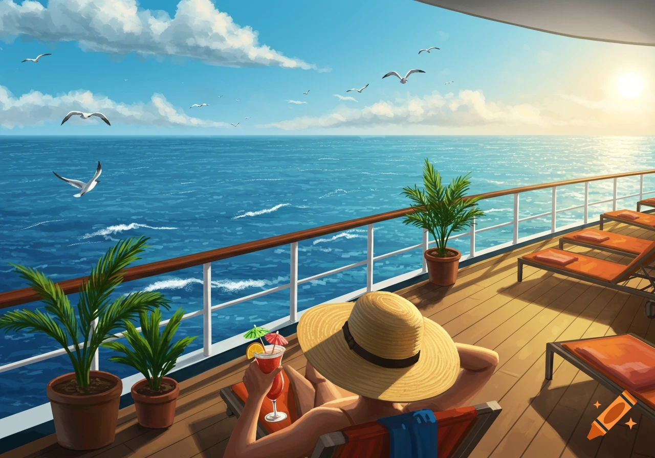 Illustration of a person in a straw hat relaxing on a cruise deck, gazing at the sunny blue ocean with seagulls.