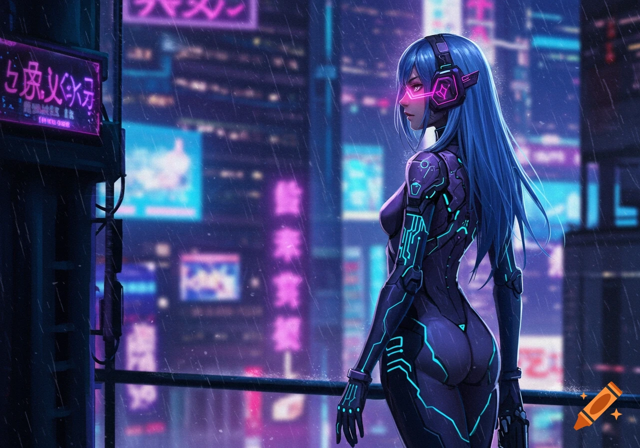 Blue-haired woman in a glowing cyberpunk suit stands in a rainy neon city at night, anime style.