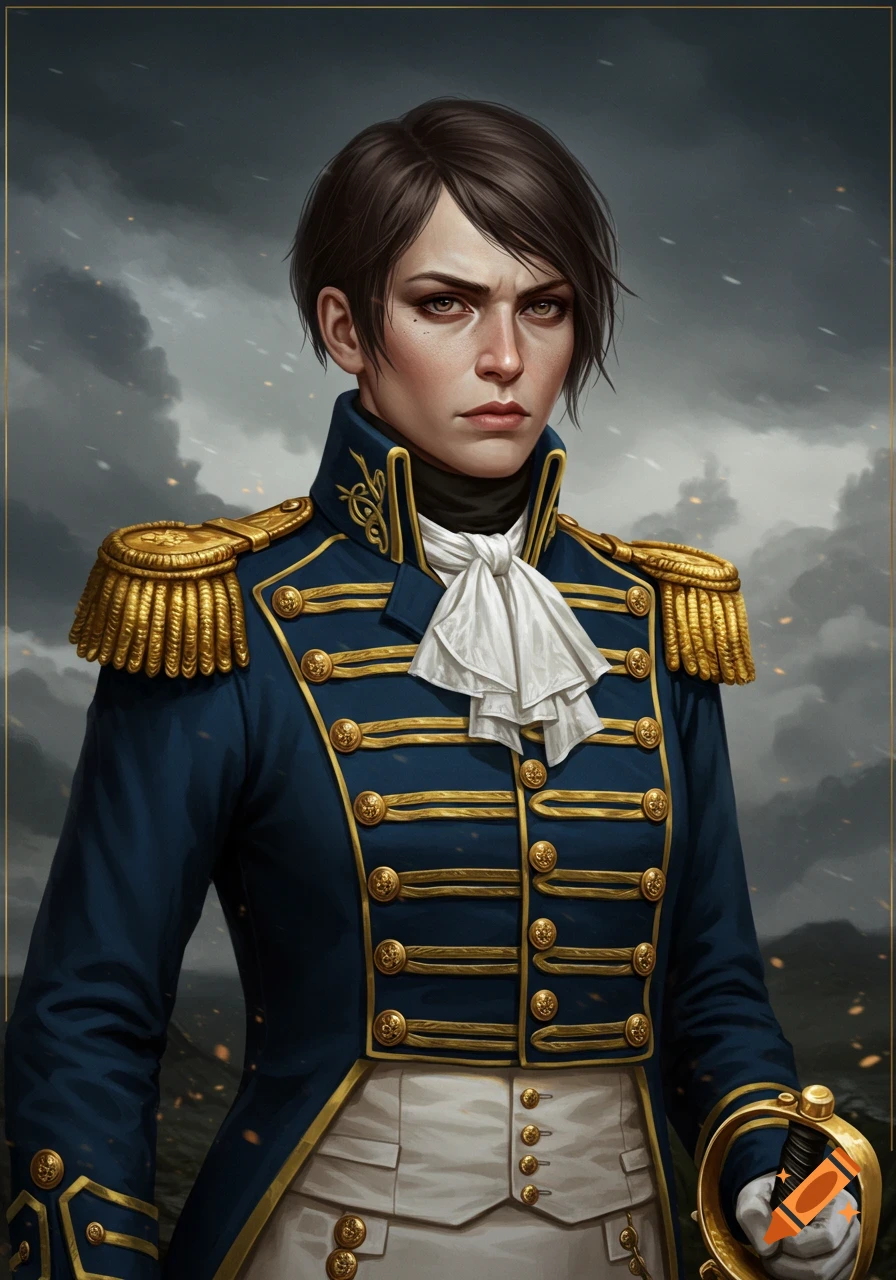 Digital portrait of a woman with short dark hair in a blue and gold Napoleonic-era officer's uniform, looking sternly forward under a stormy sky.