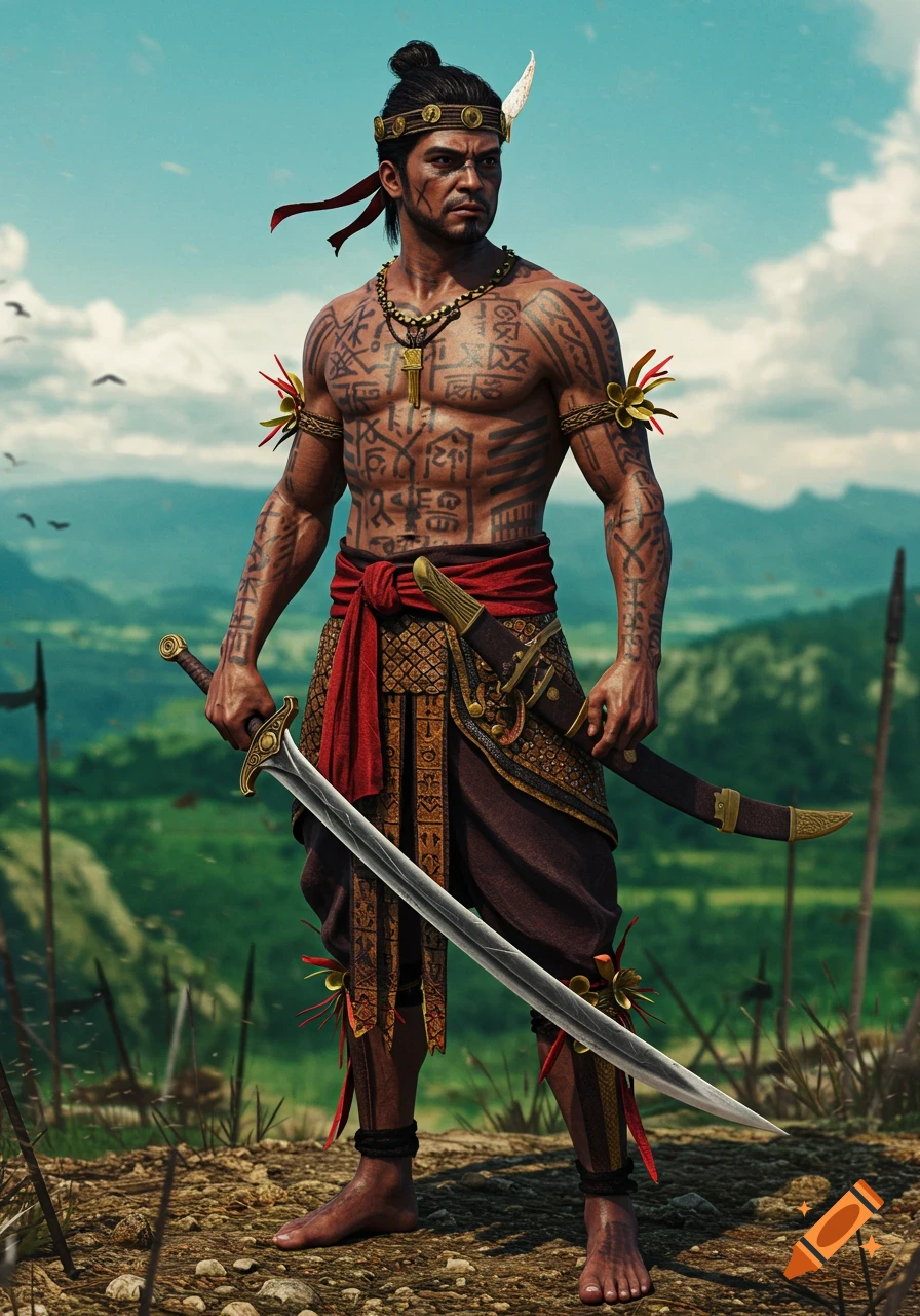 A detailed portrait of the Filipino warrior Lapu-Lapu with Baybayin tattoos, in traditional attire, holding a sword on a battlefield.