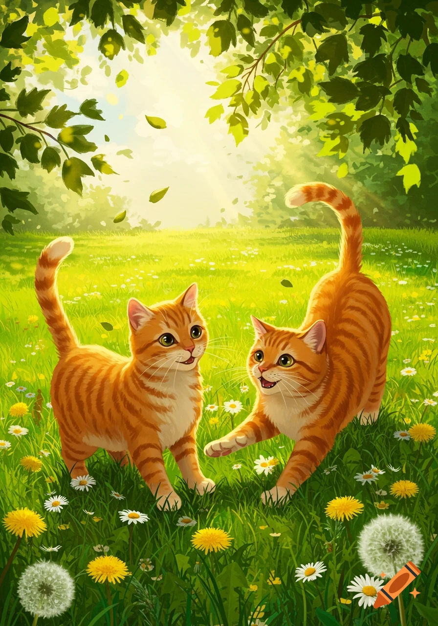 Two cheerful orange tabby cats in an illustrated style play in a sunny, green field with dandelions and daisies.