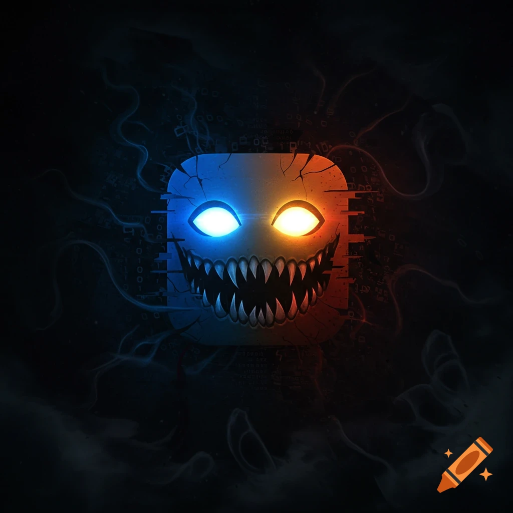 A stylized, scary monster face with glowing blue and orange eyes and sharp teeth, against a dark, glitchy digital background.