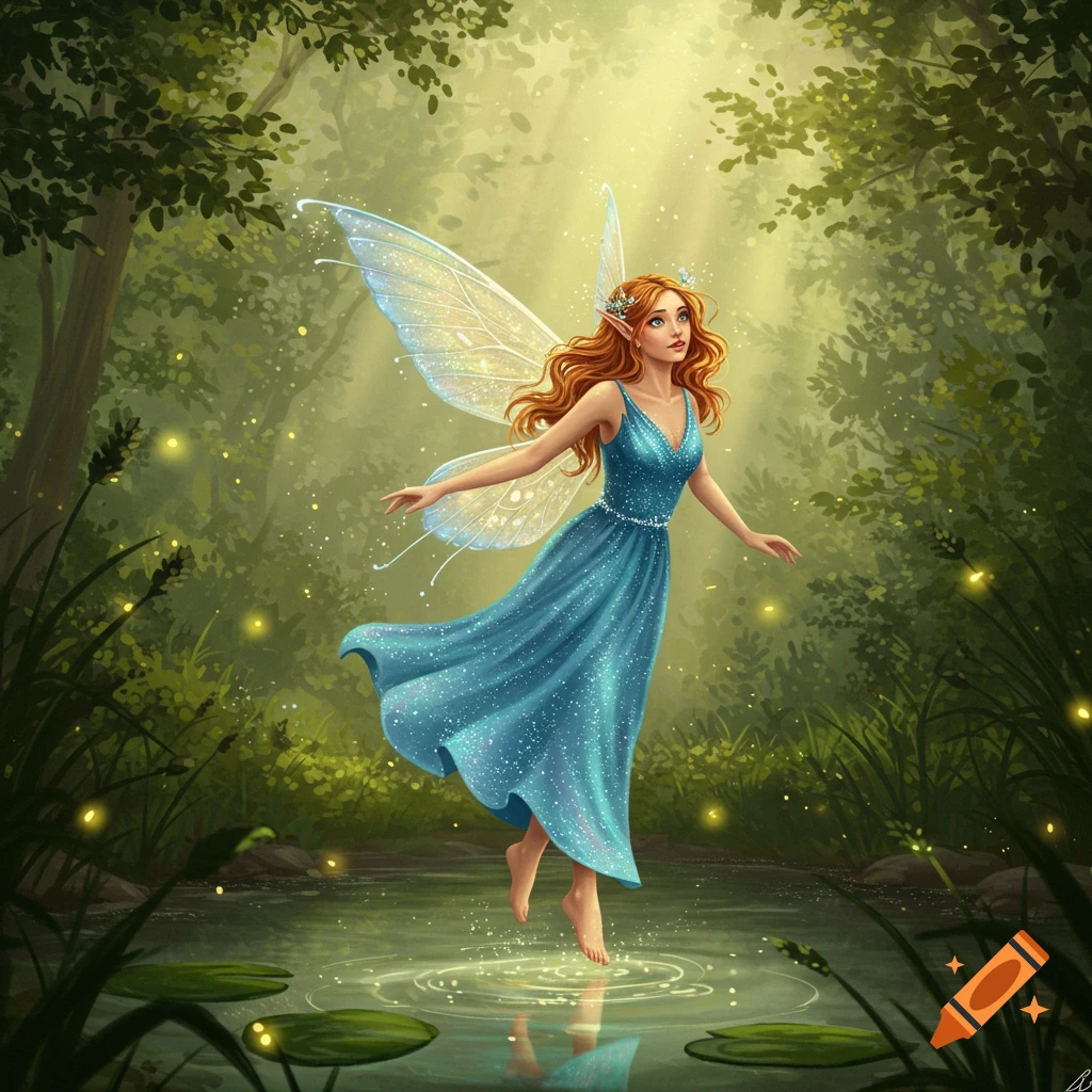 A beautiful fairy with auburn hair and translucent wings hovers over a magical pond in an enchanted forest.