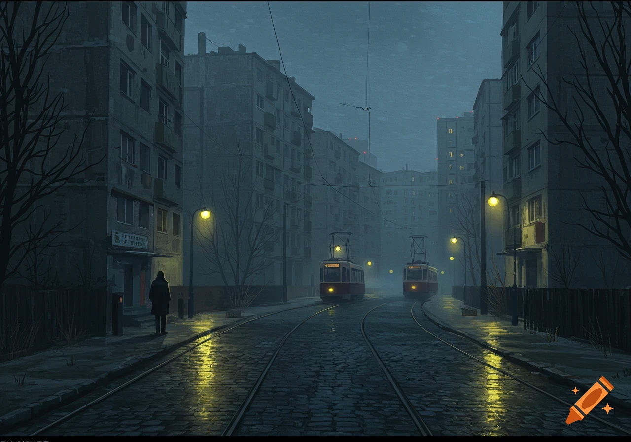 Gloomy illustration of a wet Eastern European city street at dusk, with tram tracks, apartment buildings, two trams, and a lone figure.