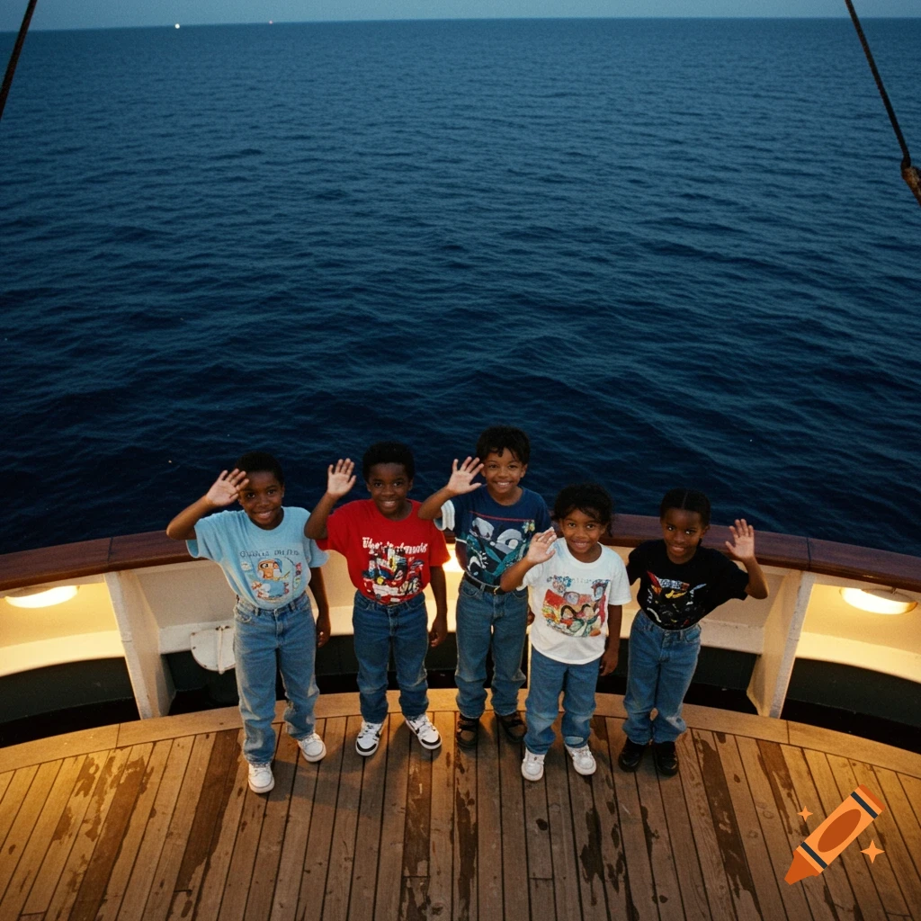 Five Black children on a ship at sea at night, smiling and waving at the camera from a downwards angle, in a 1990s style photo.