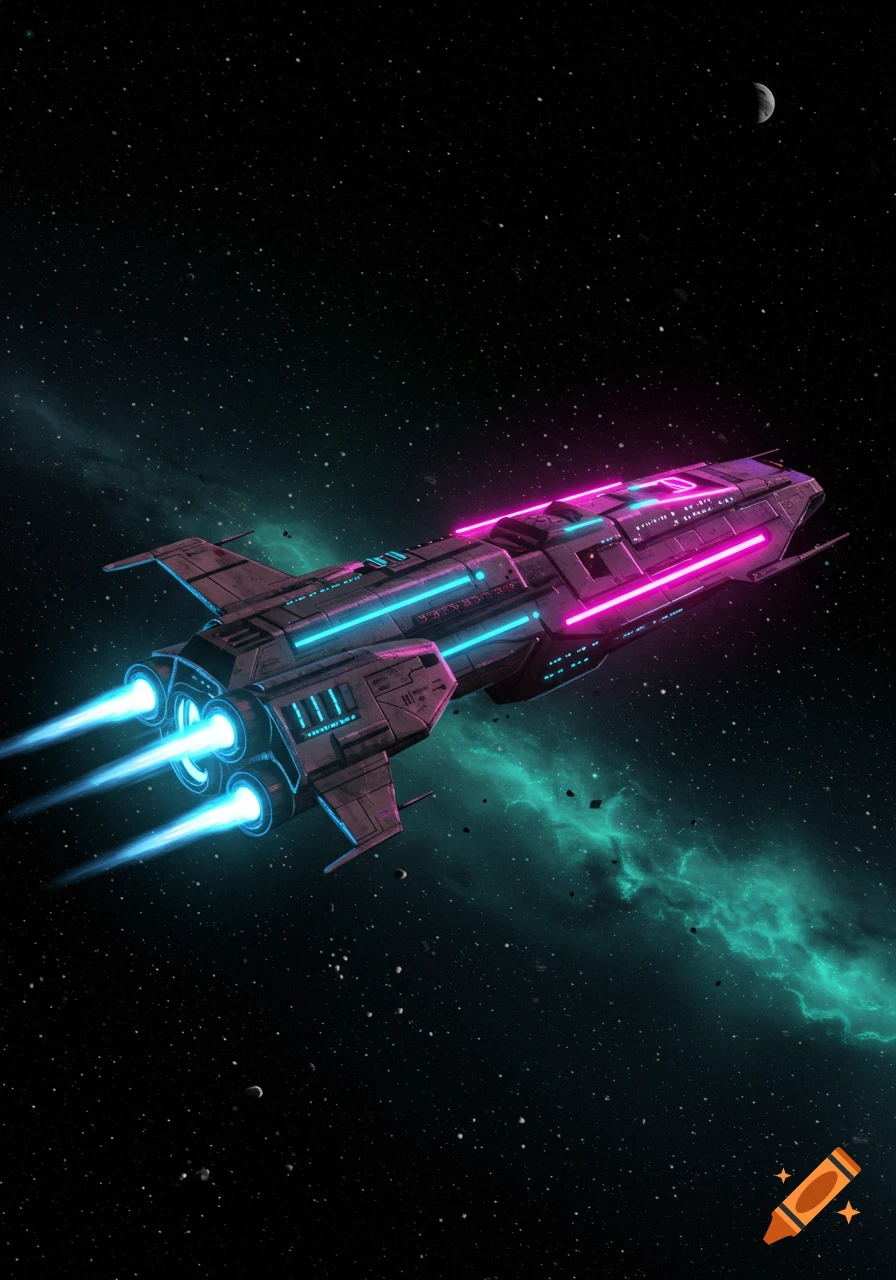 A futuristic spaceship with pink and blue neon lights flies through a starry space with a green nebula.