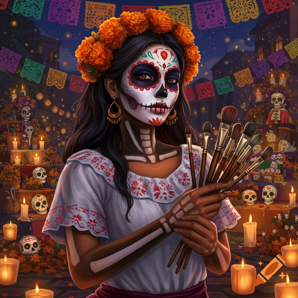 Woman with Calavera makeup and skeletal paint holds brushes in a festive Day of the Dead scene with candles and marigolds.