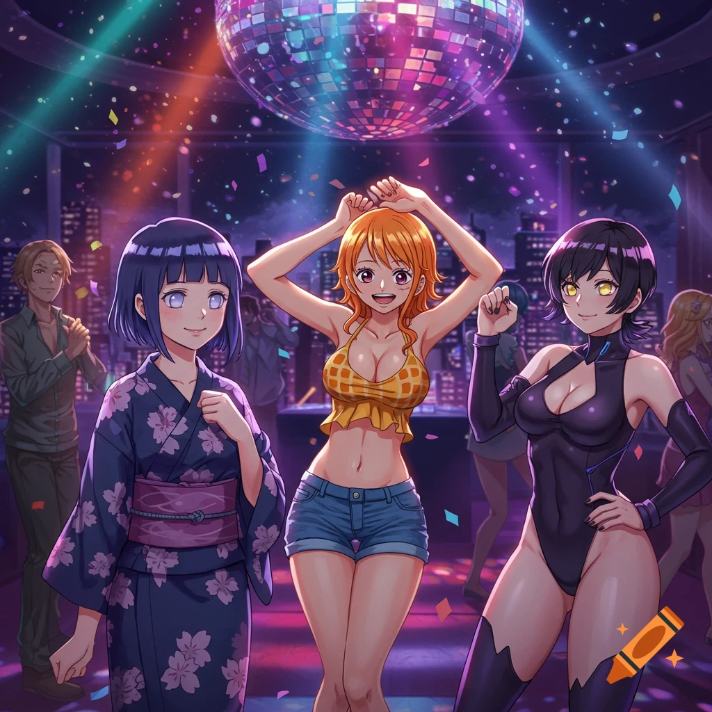 Anime characters Hinata, Nami, and Yoruichi dancing at a vibrant disco party with a disco ball and confetti.