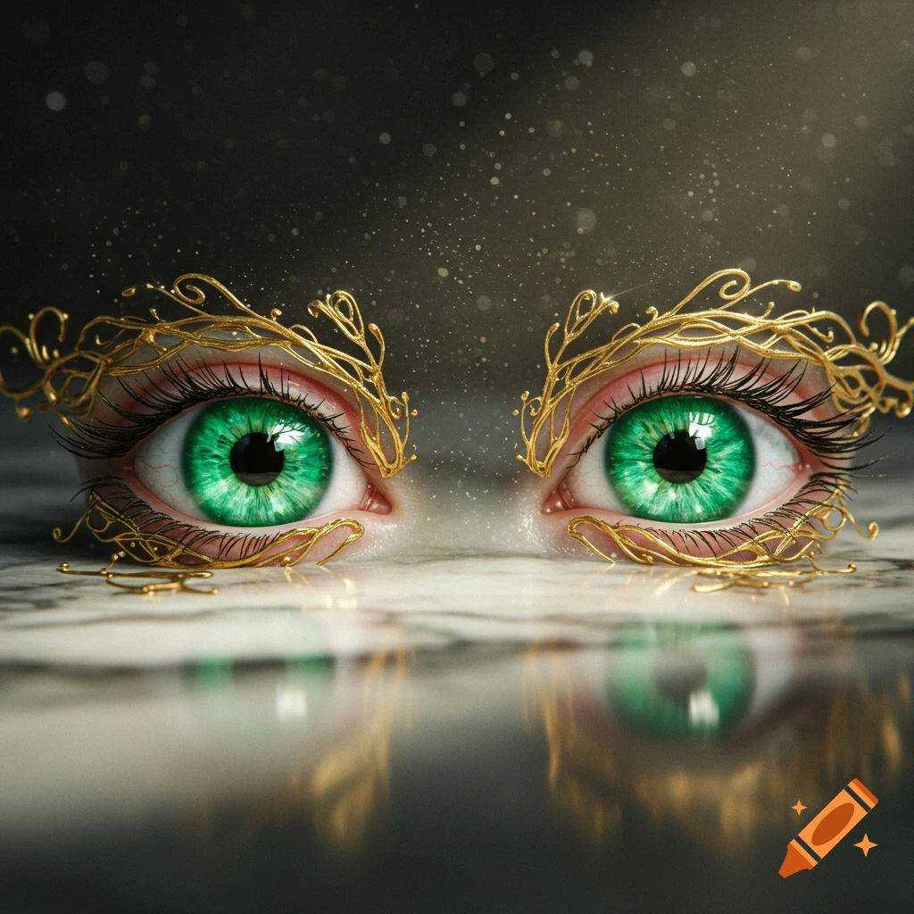 A close-up of two bright green eyes adorned with intricate golden vine-like decorations, reflecting on a marbled surface.