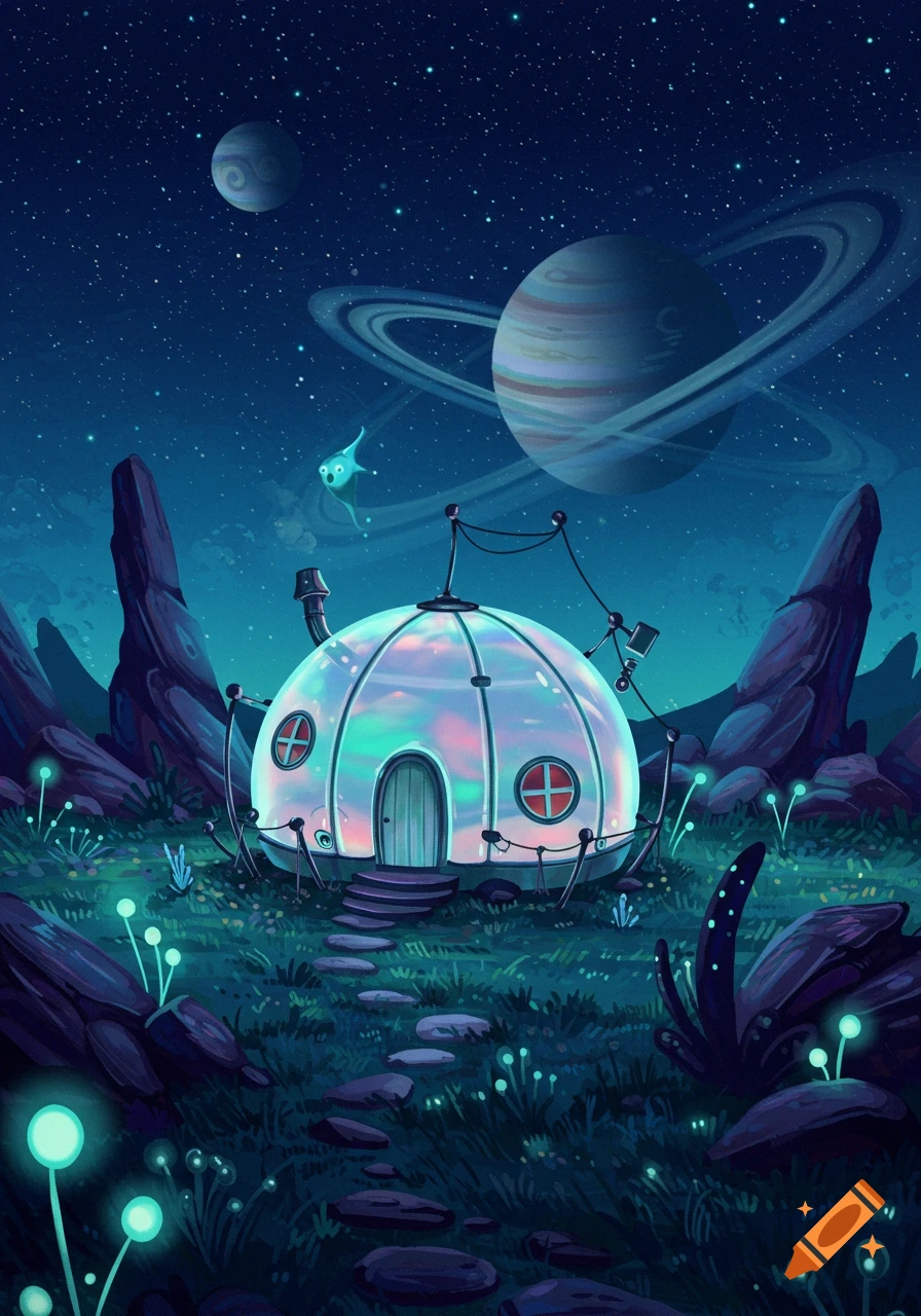 A whimsical illustration of an iridescent dome house on an alien planet at night, with glowing plants, planets, and a floating alien creature.