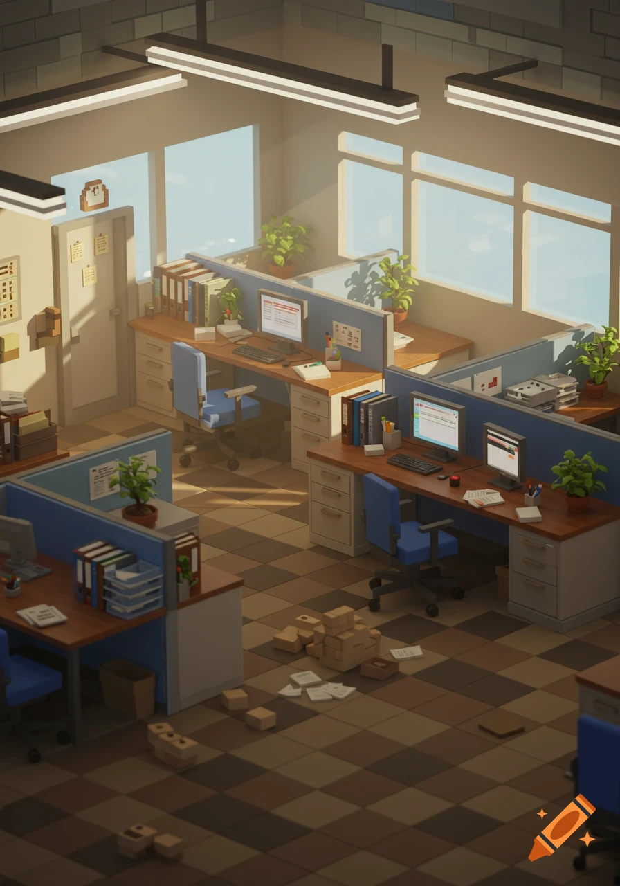 Isometric pixel art office interior with cubicles, computers, and sunlight streaming through windows.
