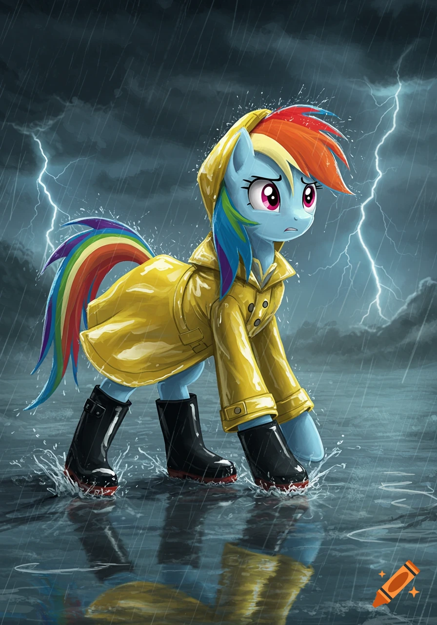 Worried Rainbow Dash from My Little Pony in a yellow raincoat and black boots, walking through heavy rain with lightning in the stormy sky. Illustration.