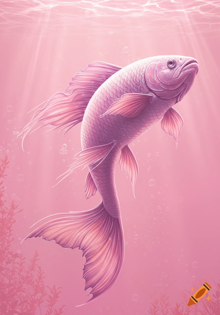 A stylized illustration of a lavender-colored fish with flowing fins swimming gracefully in light pink water with bubbles.