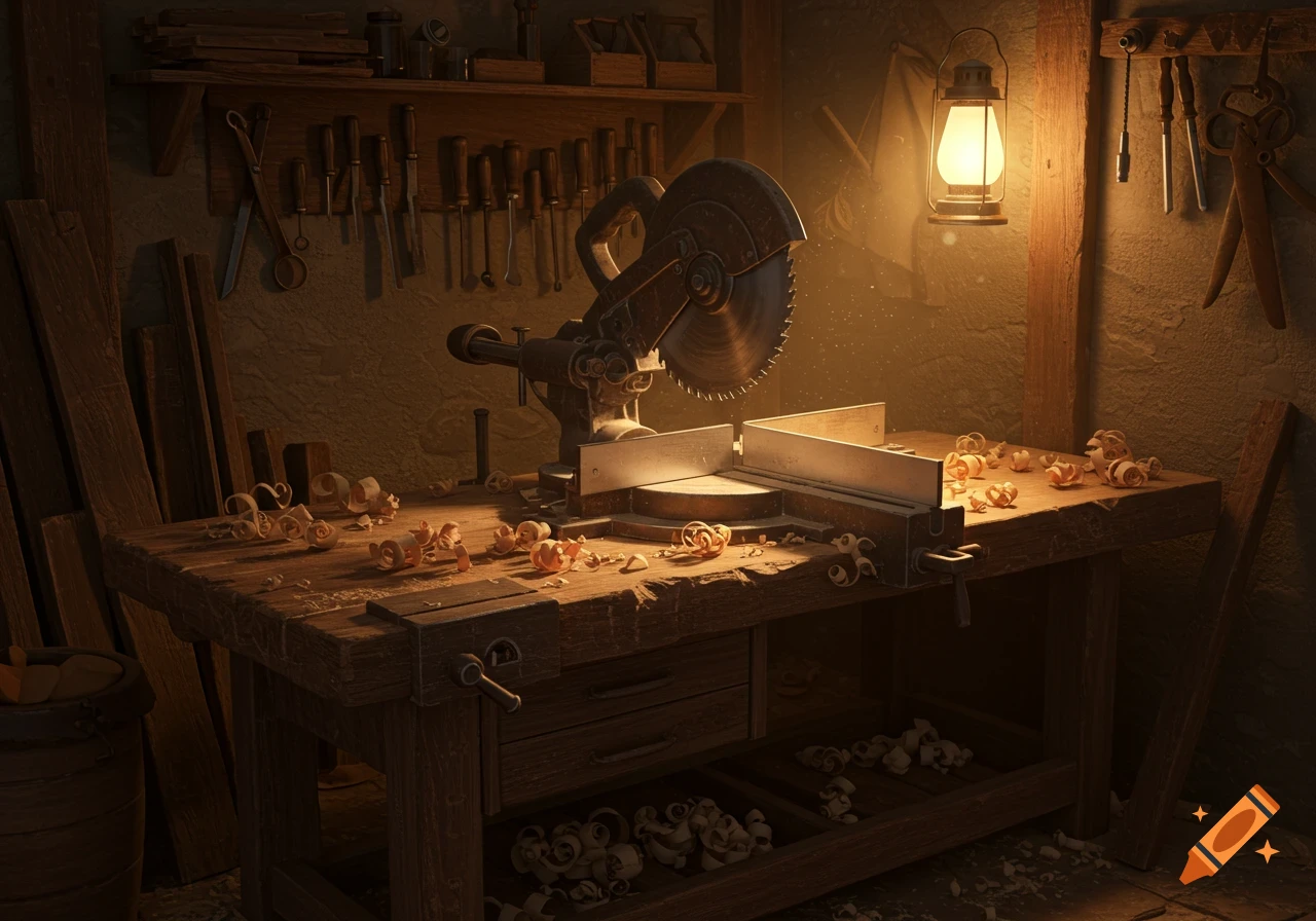 A rustic woodworking workshop, dimly lit by a lantern, featuring a miter saw on a workbench covered in wood shavings and tools.