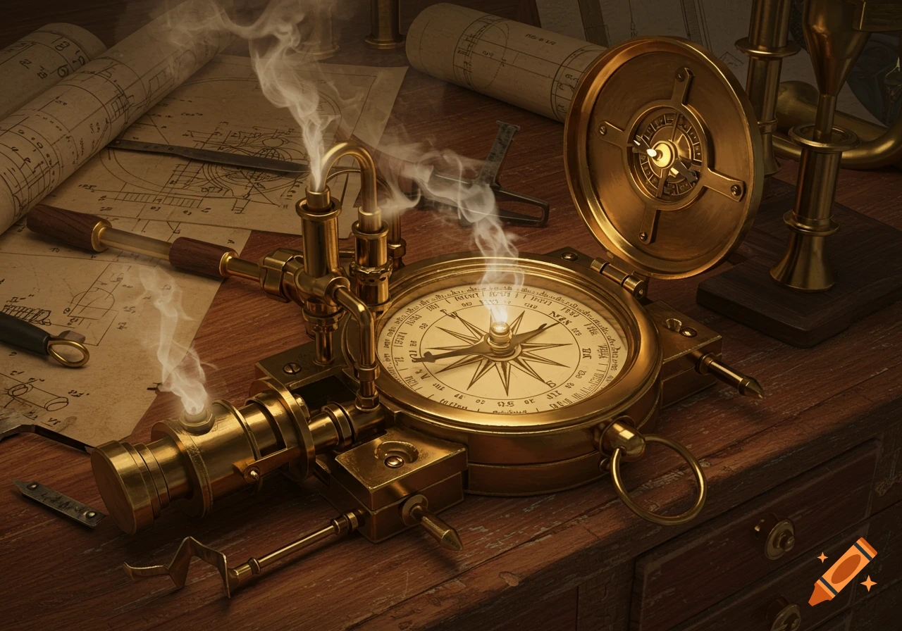 An intricate brass steampunk compass with steam emitting from its mechanisms sits on a wooden desk with blueprints.
