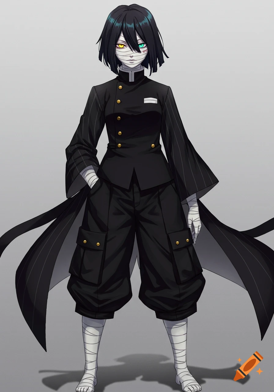An anime character with short black hair, bandages on their face and legs, and heterochromatic eyes (yellow and teal). They wear a black pinstriped uniform with gold buttons and a flowing haori.