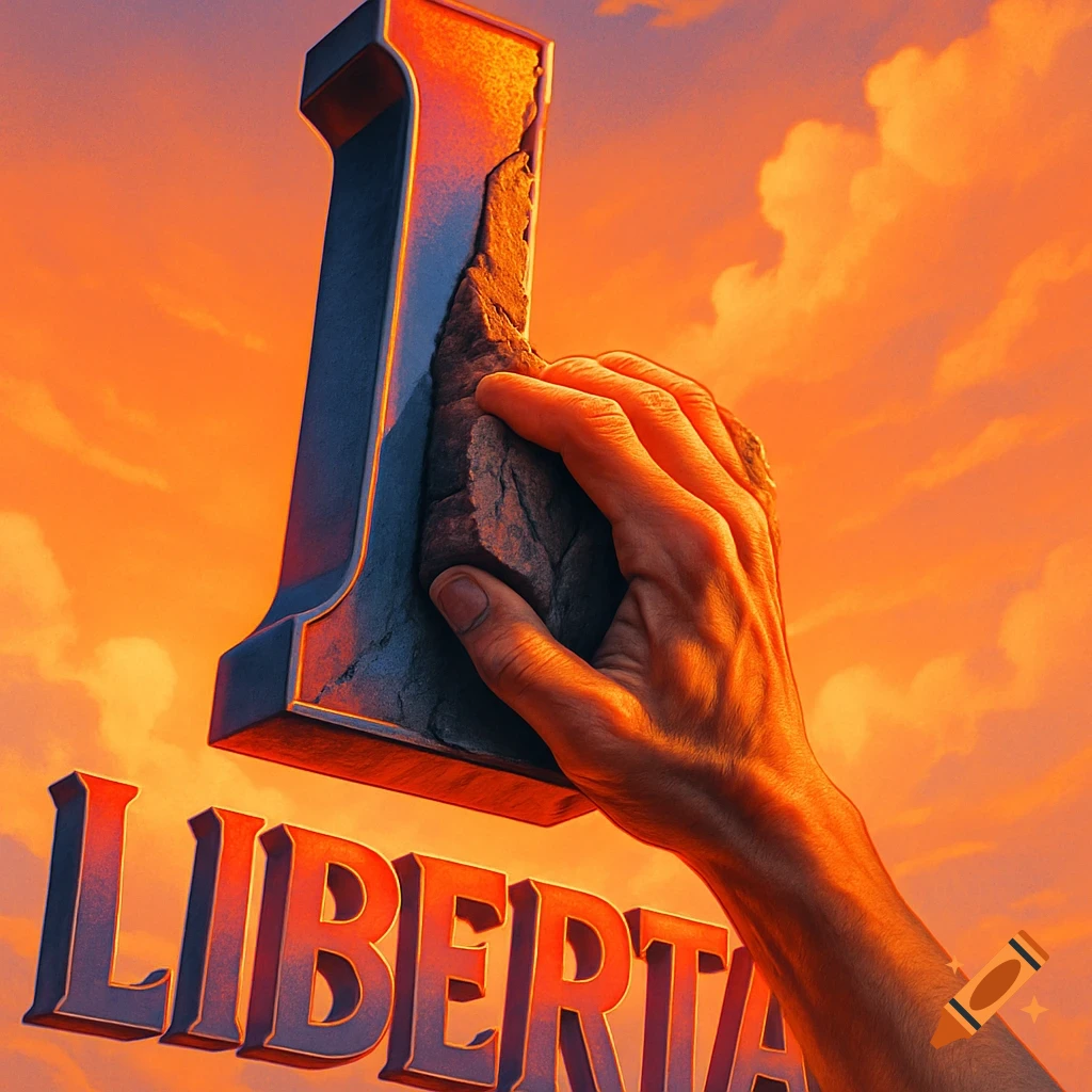 A hand in a full crimp climbing grip holding onto a large, textured letter 'L' from the word 'LIBERTAD' against a vibrant orange sky.