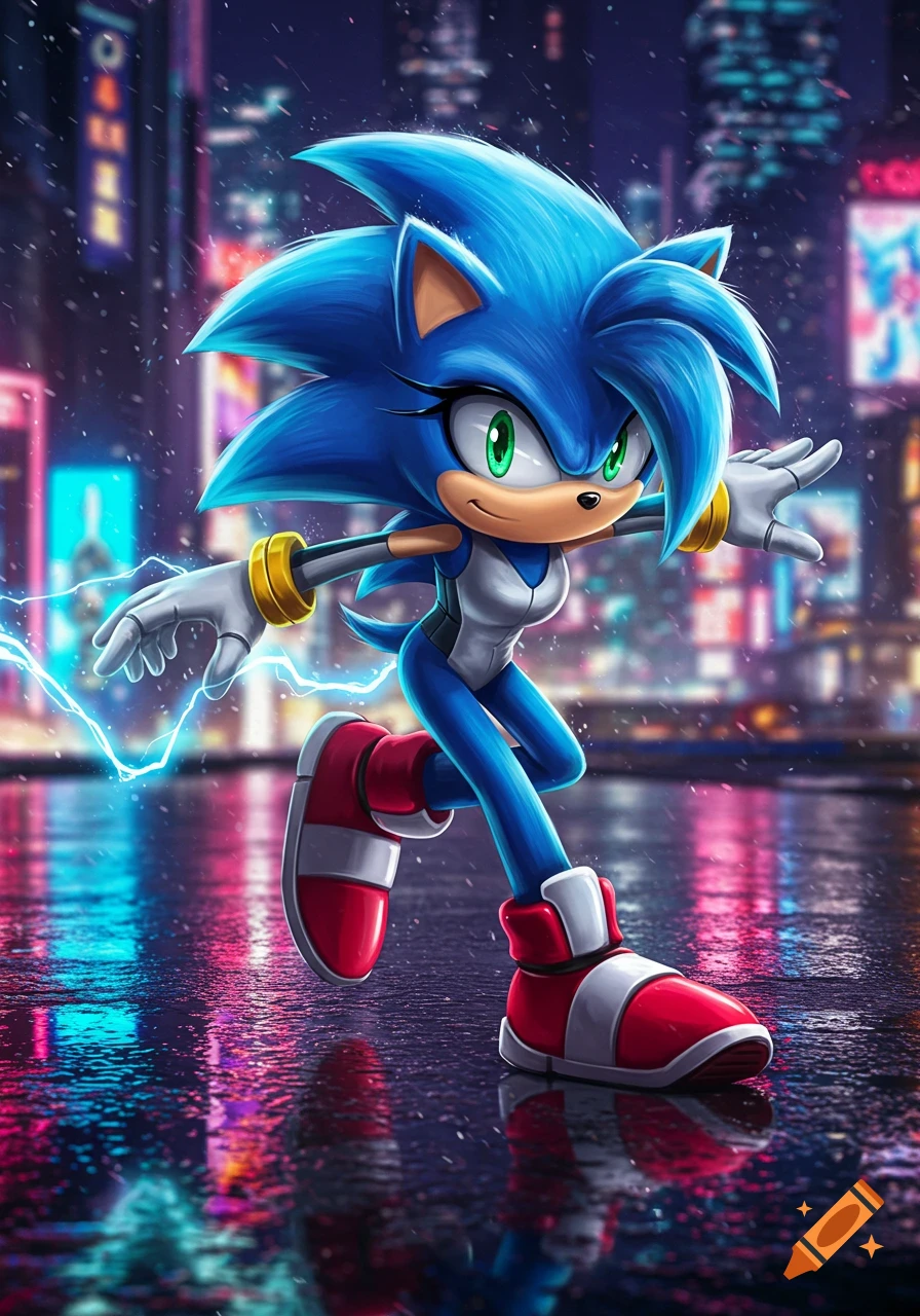A blue female hedgehog character, resembling Sonic, with green eyes and a white/blue suit, runs through a neon-lit cyberpunk city at night with electricity sparking.