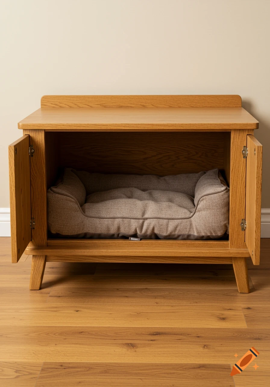 Photorealistic light brown wooden cabinet with open doors, housing a grey dog cushion bed on a wooden floor.