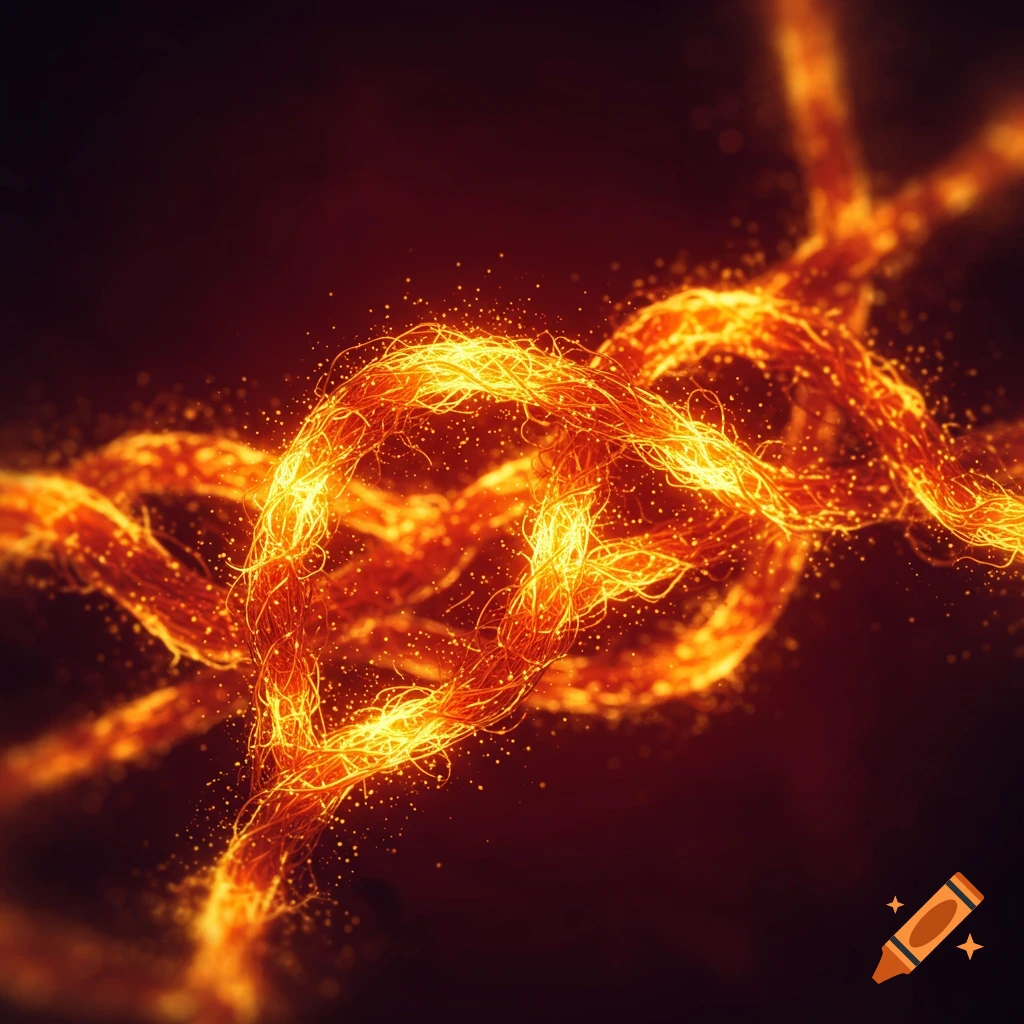 Abstract close-up of intertwining, glowing orange-yellow fibers, resembling a neural network, against a dark background.