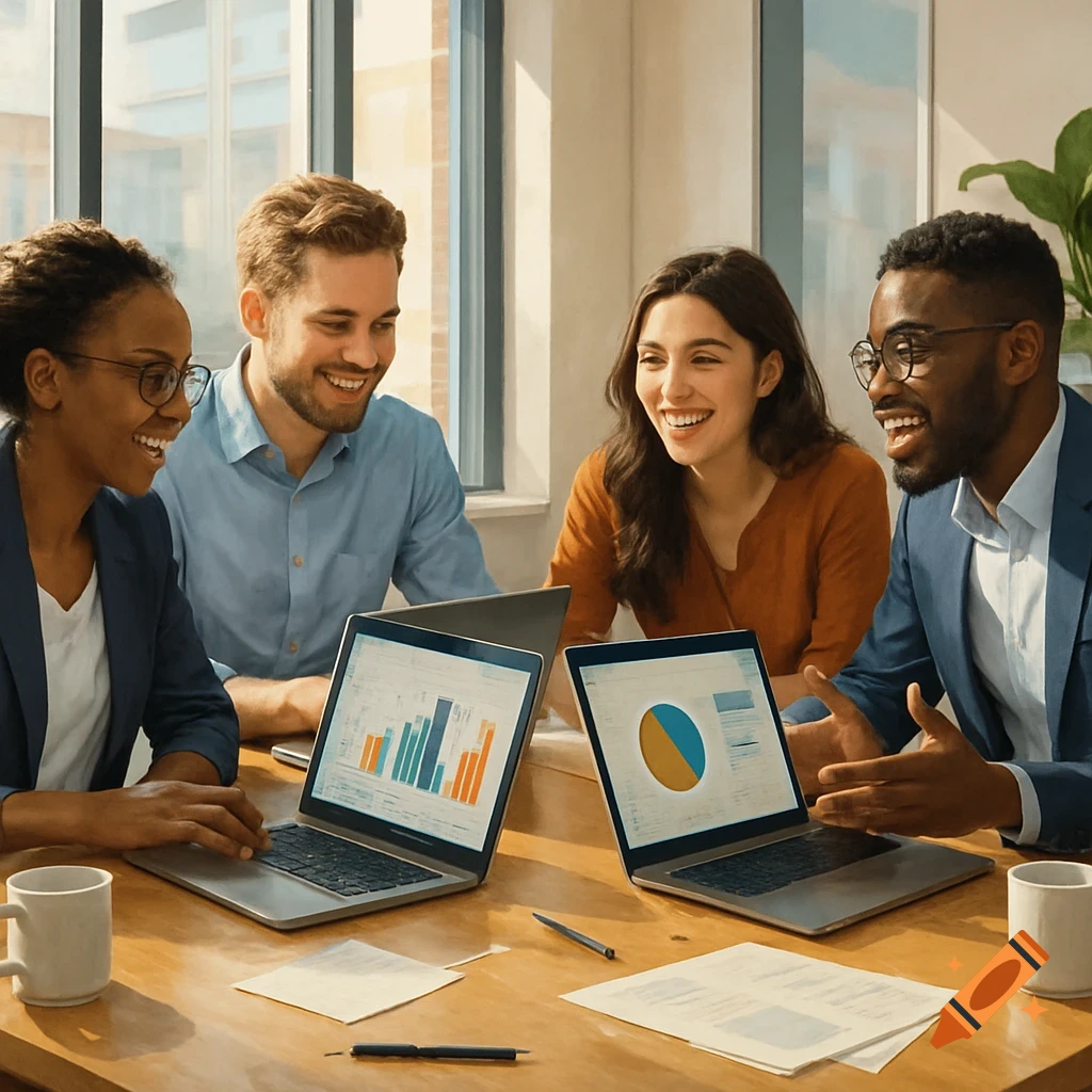 A diverse team of four professionals smiling and collaborating in a bright modern office, looking at laptops displaying charts.