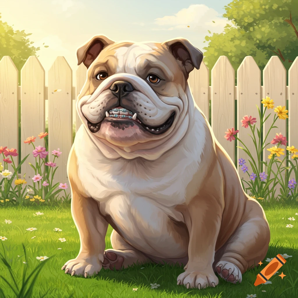 A cartoon bulldog with braces sits smiling in a sunny garden with a white picket fence and colorful flowers.
