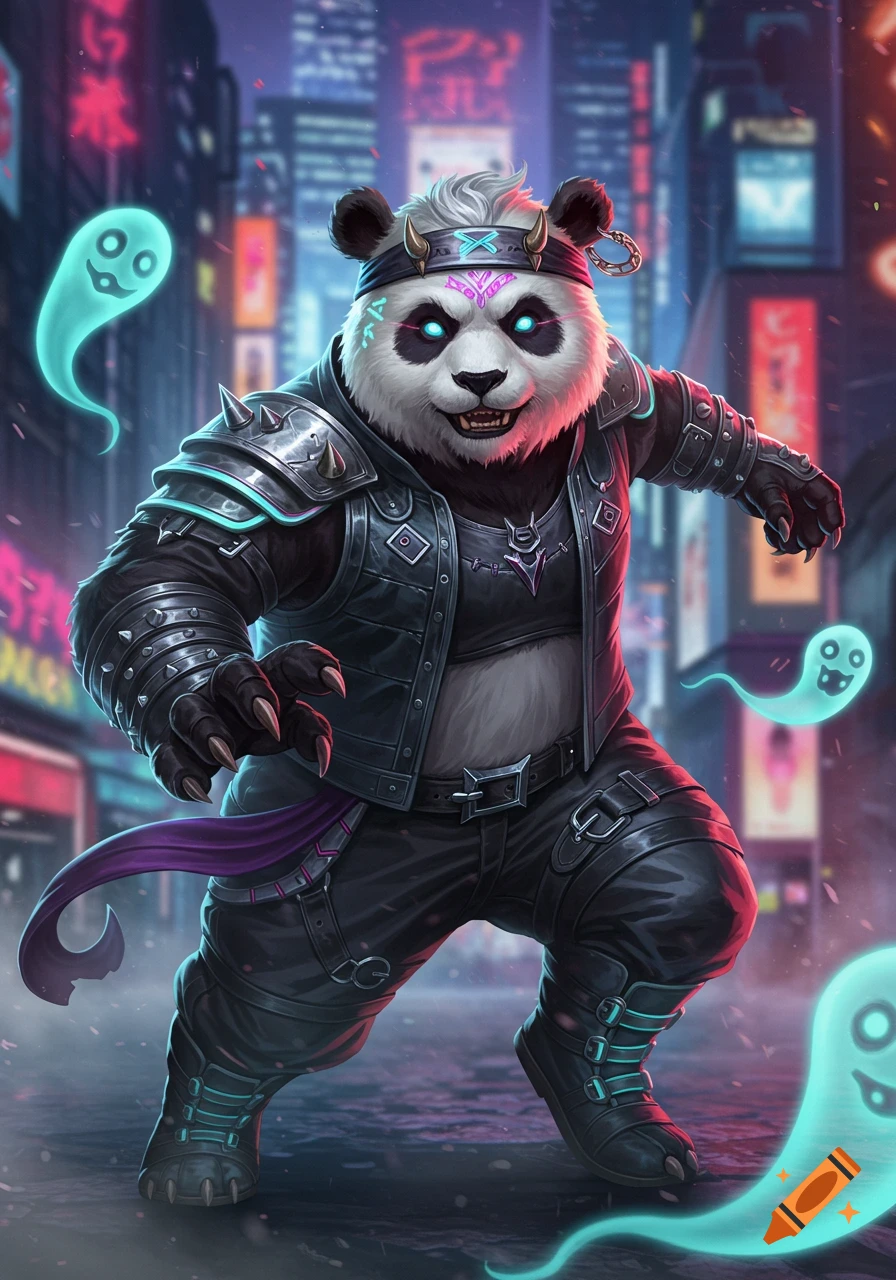 Cyberpunk panda warrior with glowing eyes and armor in a neon city street, surrounded by floating blue ghosts.