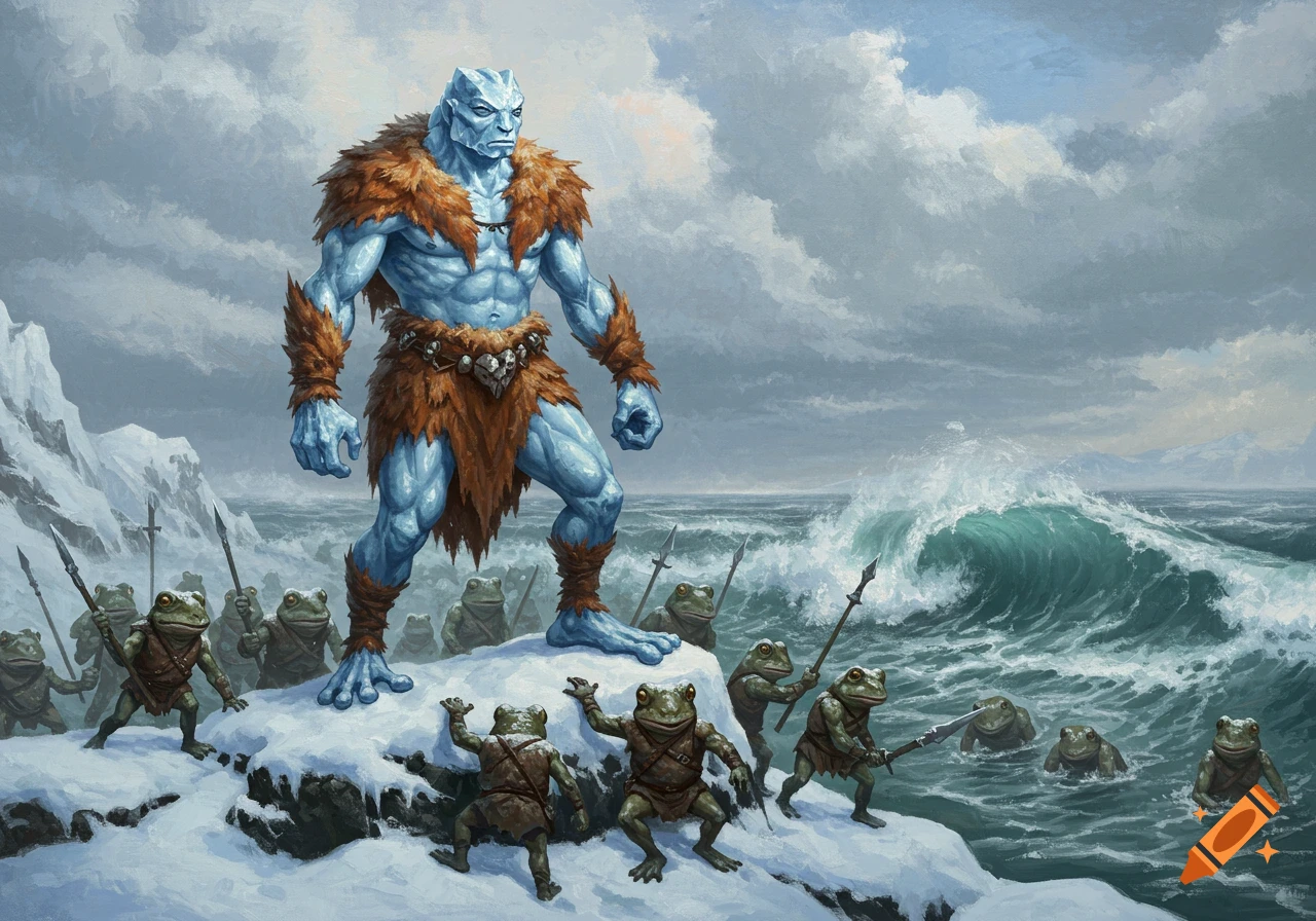 Oil painting of a giant blue ice warrior in fur armor leading an army of frog-men on a snowy coastline with a stormy sea.