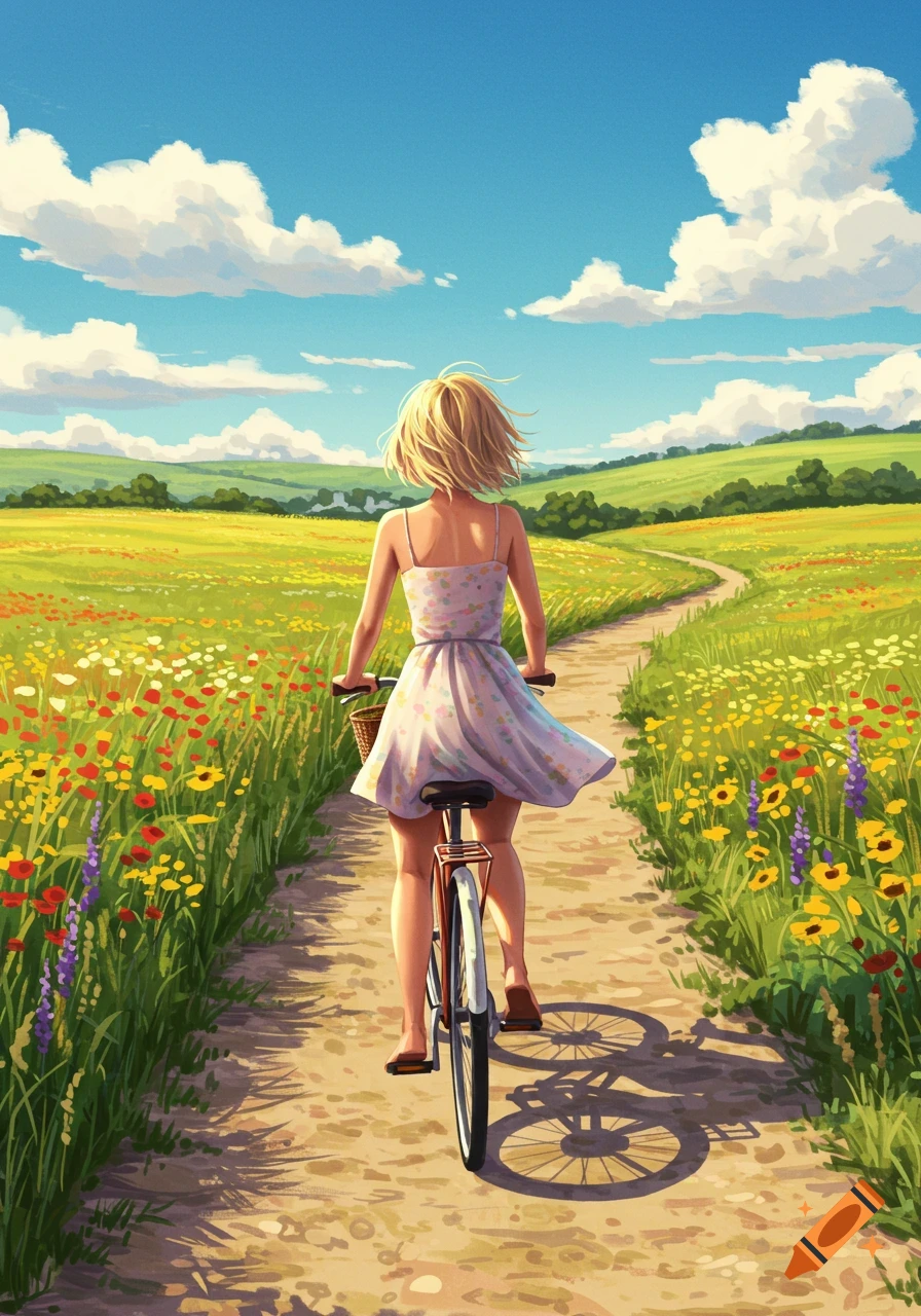 Anime style art of a blonde woman cycling through a vibrant field of wildflowers on a sunny day.
