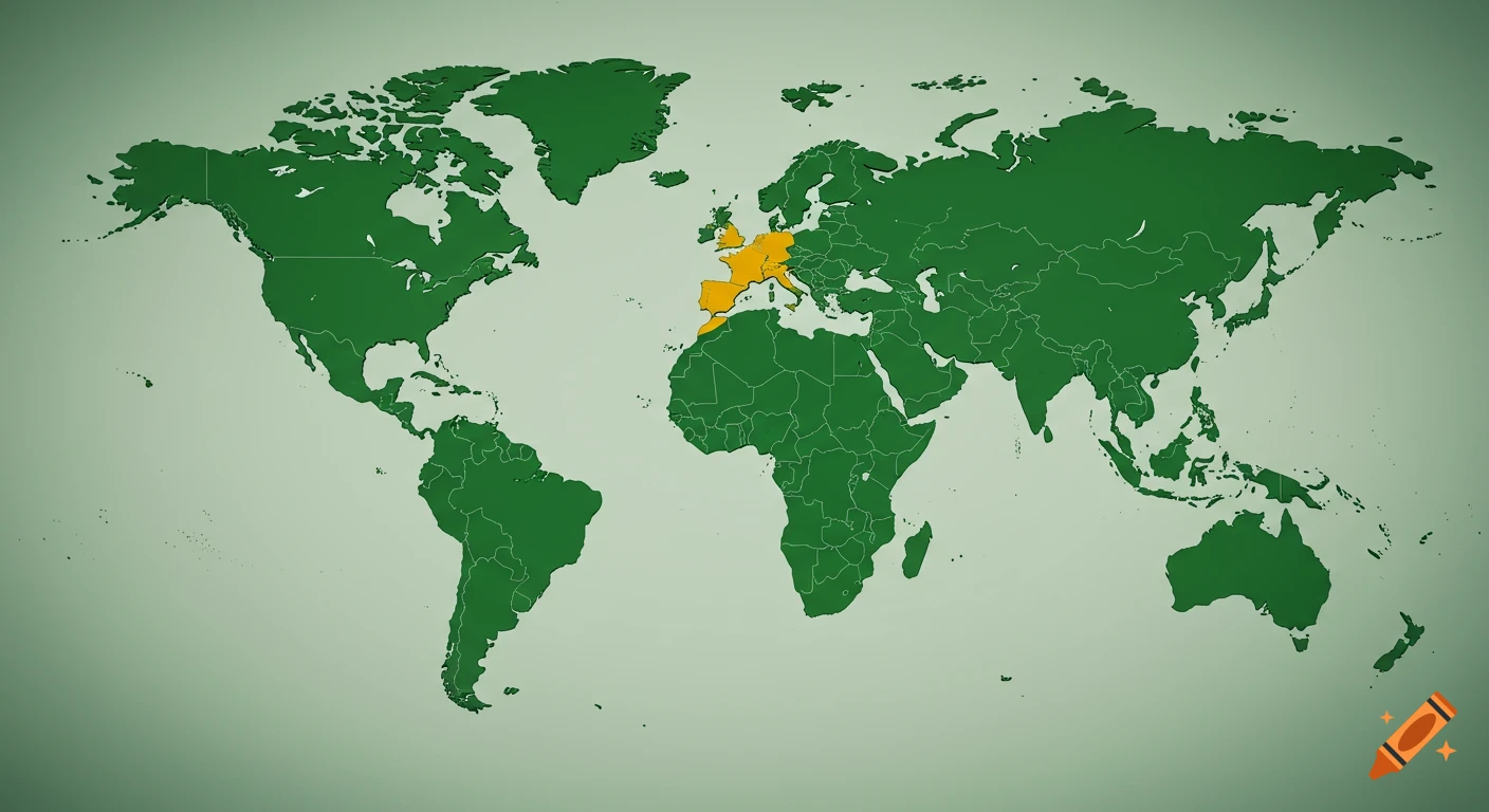 A 3D rendered world map with Central European countries highlighted in orange, and all other land masses in green, against a light green background.