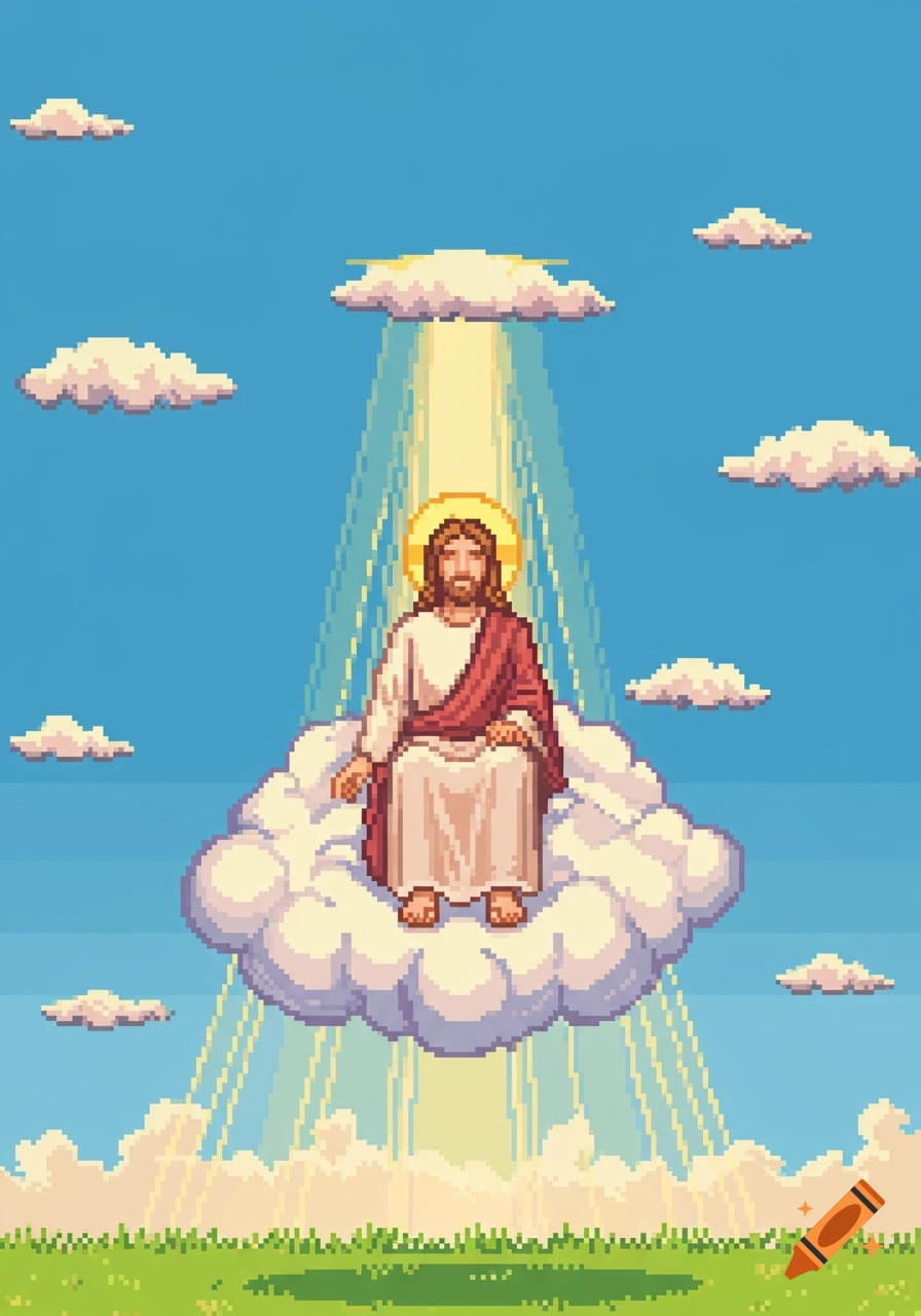 Pixel art depiction of Jesus sitting on a cloud in a blue sky, bathed in a beam of light, with green ground below.