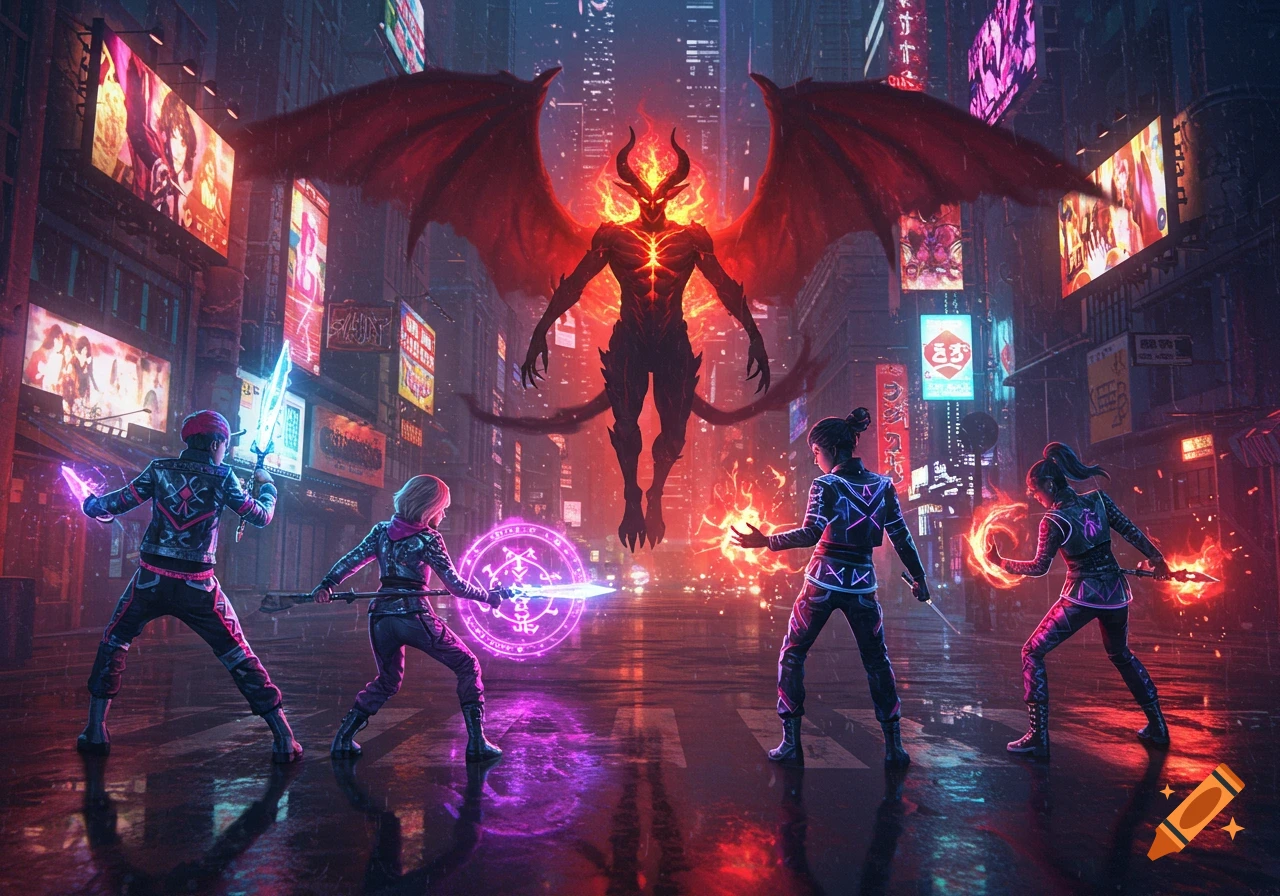 Four demon hunters with glowing weapons confront a large, fiery red demon in a neon-lit cyberpunk city at night.