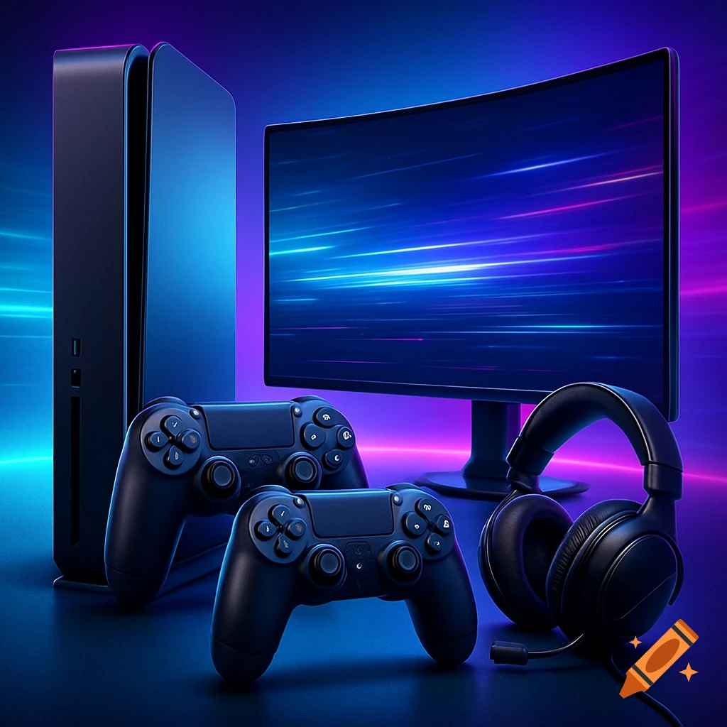 Realistic black gaming console, two controllers, headphones, and a curved monitor with a blue and purple futuristic display.