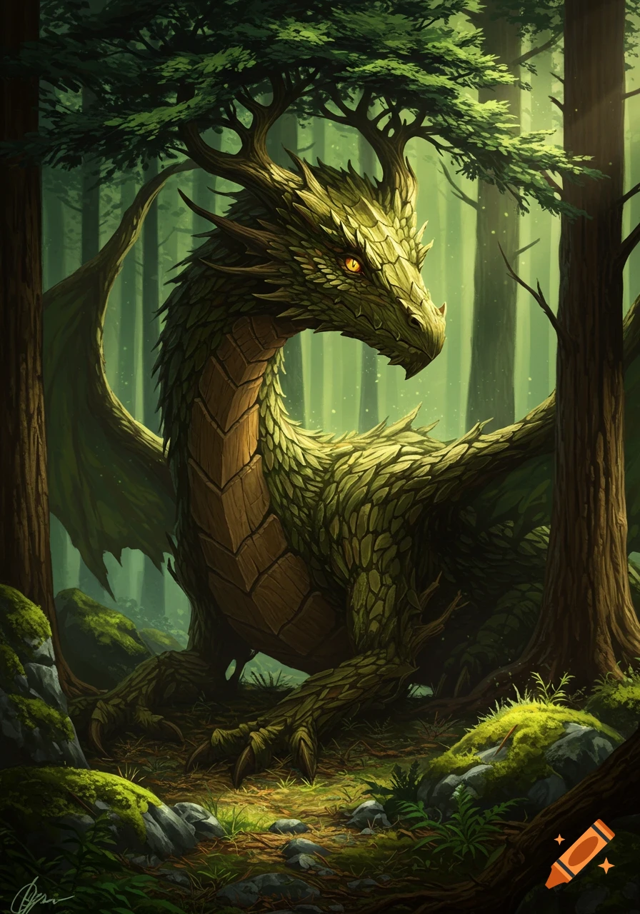 A detailed green dragon with leafy scales and branch-like horns rests in a sunlit forest, appearing to be disguised as a tree.
