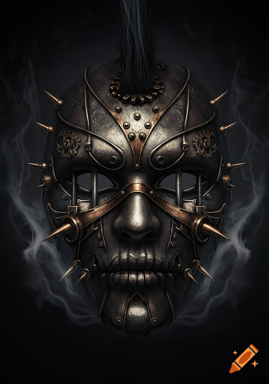 A dark, intricate steampunk and gothic mask featuring metal plating, gears, spikes, and wires, on a smoky black background.